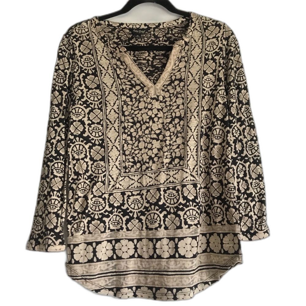 Lucky Brand Printed V-Neck Grey Cream Patterned Top Cotton Medium